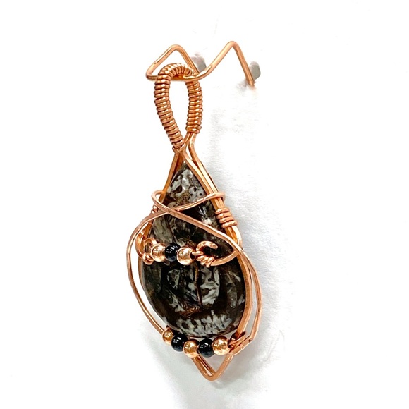 HANDMADE Black Fossil Copper Cabochon  Bare Copper Hand Wrapped Modern  Pendant - Picture 5 of 10